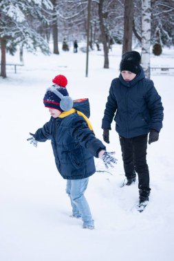 İki küçük çocuk parkta karlı bir günün tadını çıkarıyor. Bir çocuk şakacı bir şekilde kollarını uzatırken, diğeri yakınlarda dikilip izliyor. Sahne huzurlu ve kışlık..