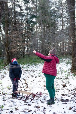 Kırmızı ceketli bir kadın karlı bir ormanda büyüleyici bir şeyi işaret ederken, yanındaki bir çocuk küçük, klasik tarzda bir kızak tutuyor. Sahne huzurlu ve kışlık..