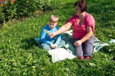 Güneşli bir günde, bir anne ve oğlu çimenli bir tarlada bir battaniyenin üzerinde otururlar. Çocuk küçük dal parçalarından oluşan bir koleksiyon tutuyor. Yeşil bir arka planla çevrili yeşil çimlerin üzerinde oturuyorlar..