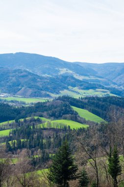 Bereketli yeşil tepeler ufuk boyunca uzanır berrak bir gökyüzünün altında, görkemli dağlar yükselirken ilkbaharın başlarında sakin ve sakin bir atmosfer yaratır..