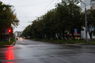 Sakin bir sonbahar akşamı sakin bir şehir caddesini çevreleyen sakin bir atmosfer varken, yağmura bulanmış asfalt sokak ışıkları altında parlıyor..