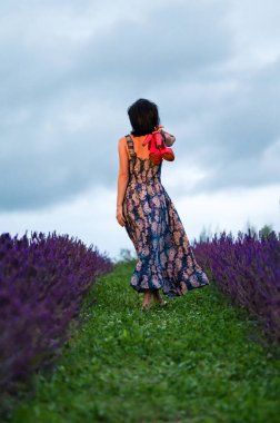Bir kadın gün batımında kırmızı ayakkabılarıyla canlı bir lavanta tarlasında yalınayak yürüyor. Huzurlu ve huzurlu bir sahne..
