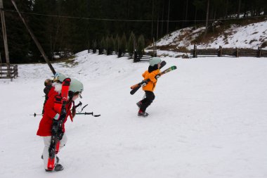 Hevesli kayakçılar, sakin bir kar manzarası ve uzun ağaçlarla çevrili yumuşak güneş ışığı altında teçhizatlarıyla yokuş yukarı ilerler..