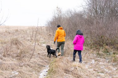 İki arkadaş kışın serin bir arazide dolaşır, serin havaya göğüs gererler. Siyah bir köpek ise ender çimenler ve çıplak ağaçların arasında şakır şakır yürür..