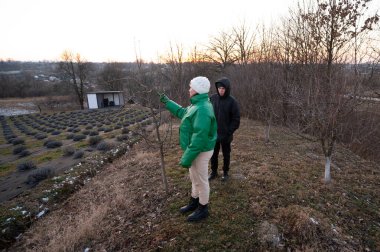 İki birey, uykudaki lavanta ve çıplak dallarla çevrili geniş bir alanda kış bahçıvanlığı uygulamalarını ön plana çıkararak genç ağaçları beslemeye odaklanıyor..