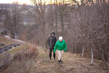 İki birey, kışın sakin atmosferine girerken, çıplak ağaçlar ve solgun ışıklarla çevrili, yumuşak bir yamaç boyunca sakin bir şekilde yürürler..