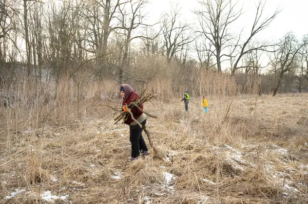 Aile üyeleri, uzun otlar ve çıplak ağaçlarla çevrili soğuk havayı kucaklayarak, sıcak ve sakin bir alanda kuru dalları bir araya getirirler..