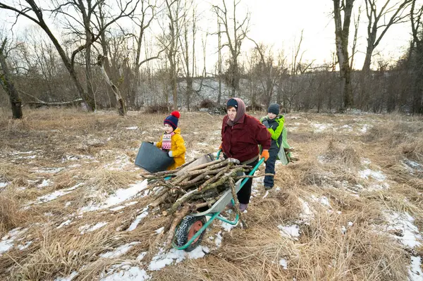 Aile üyeleri serin bir kış gününde yakacak odun toplamak için birlikte çalışırlar. Takım çalışmasını ve sıcaklığı göstermek için ateşin yanında sıcak anlara hazırlanırlar..