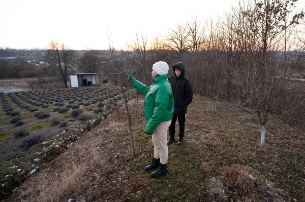 İki birey, uykudaki lavanta ve çıplak dallarla çevrili geniş bir alanda kış bahçıvanlığı uygulamalarını ön plana çıkararak genç ağaçları beslemeye odaklanıyor..