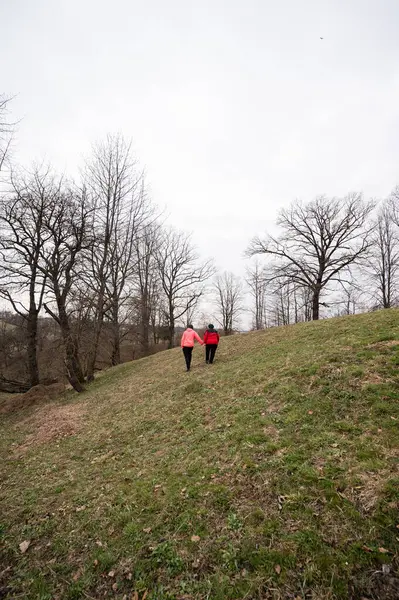 İki birey, çıplak ağaçlar ve yumuşak otlarla çevrili, sakin bir bahar öğleden sonrasının sükunetini kucaklayan, yumuşak bir yamaçta birlikte yürürler..