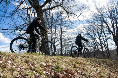 Ormanlık bir alanda iki bireyin dağ bisikleti sürdüğü resim gibi bir manzara. Güneş ışığı yapraksız ağaçların arasından akar, yere gölge düşürür..