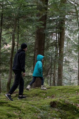 Uzun ağaçlarla çevrili yosunlu bir yolda yürüyen iki figür bir ormanda doğanın huzurunu yaşıyor. Genç çocuk parlak mavi bir ceket giyiyor..