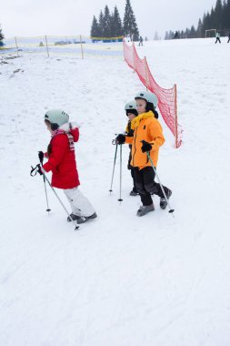 Renkli kayak kıyafetleri içinde üç hevesli çocuk, direkler ve kasklarla donatılmış karlı arazide, tatil köyünde kış gününün tadını çıkarırken yamaçlarda dolaşmaya hazırlar..
