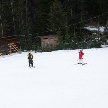 İki kayakçı, bulutlu bir gökyüzünün altında yükselen yeşil ağaçlar ve kırsal kulübelerle çevriliyken taze karın üzerinde ustalıkla süzülerek kışın harikalar diyarını kucaklıyor..