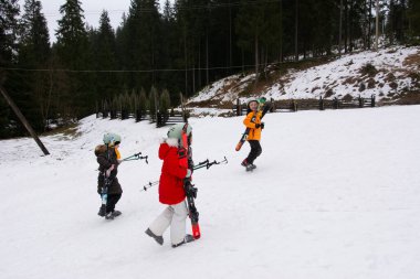 Bir grup çocuk, karlı açık havada heyecanlı bir şekilde yürüyor, her biri kendi kayaklarını taşıyor ve uzun ağaçların arasında kış maceraları için sıcak kıyafetler giyiyor..