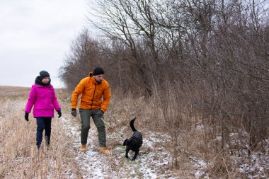 İki insan karlı bir yolda yan yana yürüyor, serin kış havasının tadını çıkarırken köpekleri ağaçların ve sessiz otların arasında neşeli bir şekilde koşuyor..