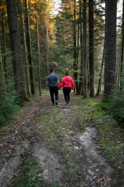 Sakin bir ormanda, uzun ağaçlar ve yumuşak yosunlarla çevrili, güneşin sıcacık parıltısında güneşlenen, doğanın güzelliğinin tadını çıkaran bir çift el ele yürür..