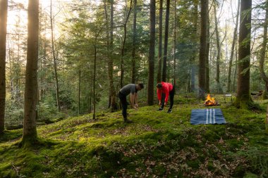 İki arkadaş canlı bir ormanda huzurlu bir anın tadını çıkarıyorlar, verimli yeşilliklerin ortasında kamp yerlerini hazırlıyorlar ve güneş batarken doğanın rahatlatıcı sesleri duyuluyor..