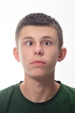 Kısa kahverengi saçlı, koyu yeşil tişörtlü genç bir adamın portresi. Gözleri şaşı ve ifadesi hafif bir şaşkınlık ya da kafa karışıklığı..
