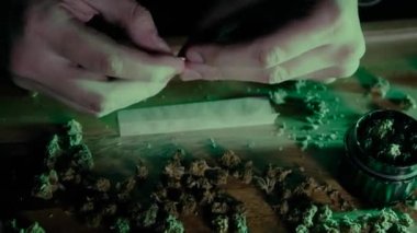 Erkek eller bir sigarayı mavi neon ile büker. Bir uyuşturucu satıcısı marihuana esrarı ve tüttürme bitkilerini laboratuvarda kullanmayı öğretiyor. Pipolu öğütücü ve eklemler