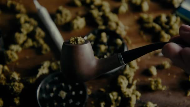 Cbdサティバまたはインディカ トッグの芽を背景にテーブルの上でマリファナを喫煙するための木製パイプ — ストック動画