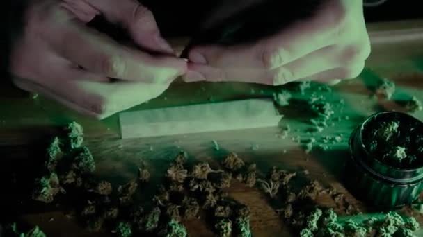 Male Hands Twist Joint Blue Neon Drug Dealer Teaches How — Stock Video
