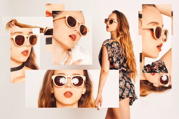 Сонцезахисні Окуляри Дівчину Модель Рекламує Окуляри Колаж Багато Стильних Фотографій — стокове фото