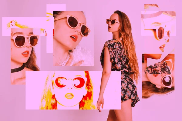 Сонцезахисні Окуляри Дівчину Модель Рекламує Окуляри Колаж Багато Стильних Фотографій — стокове фото