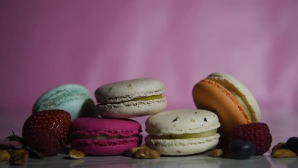 Colorful Macarons Small French Cakes Sweet Many Tasty Macarons Fresh — Stock Video