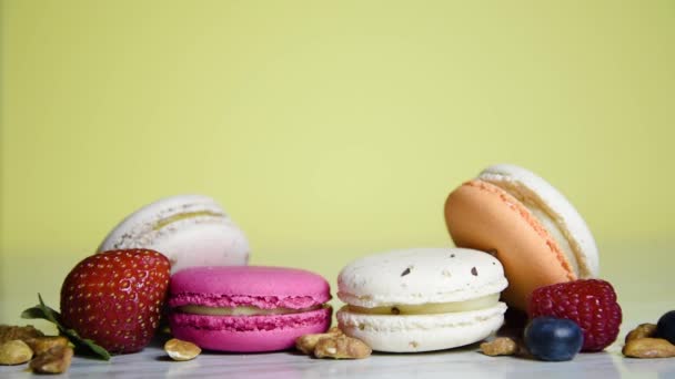 Girl Hand Puts Macarons Frame Photographer Lays Out Composition French — Stockvideo