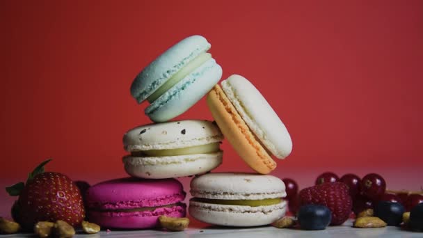 Colorful Macarons Small French Cakes Sweet Many Tasty Macarons Fresh — 비디오
