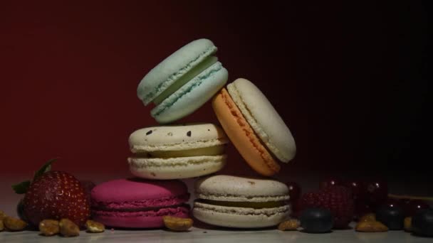 Colorful Macarons Small French Cakes Sweet Many Tasty Macarons Fresh — Video Stock