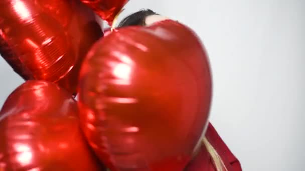 Woman Heart Stickers Her Face Girl Background Red Balloons Shape — 비디오