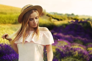 Lavanta alan güzel kız. Günbatımı lavanta alanında güzel bir kadın. Yumuşak odak. Provence, Fransa. Bir kız pembe elbise ve şapka yürüyen yalak lavanta alanları ve doğa sever