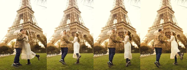 Ett Par Paris Med Eiffeltornet Bakgrunden Romantisk Resa Smekmånad Europa — Stockfoto