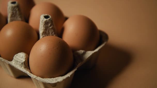 在一个盘子里的蛋 背景是赤褐色的 一个女人的手把一个鸡蛋放在盘子里 生态产品和食品 托盘中的6个鸡蛋 优质产品 — 图库视频影像