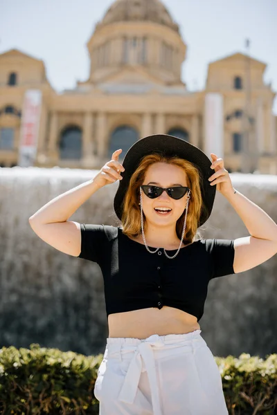 Beautiful Girl Stands Background Barcelona Enjoys Journey Woman Looking City Stock Photo