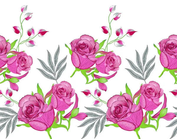 Nahtlose Rosa Rose Blume Rand Design Auf Weißem Hintergrund — Stockfoto