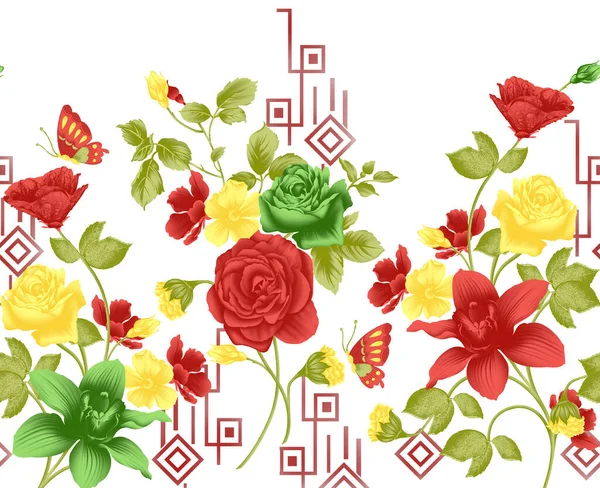 Nahtloser Rosenblütenrand Mit Geometrischer Form — Stockfoto