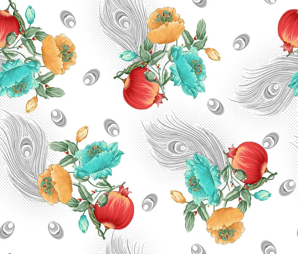 孔雀の羽を持つシームレスな花パターン — ストック写真