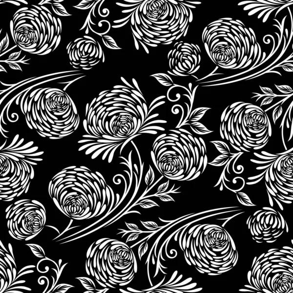 无缝抽象黑白玫瑰花图案 — 图库矢量图片