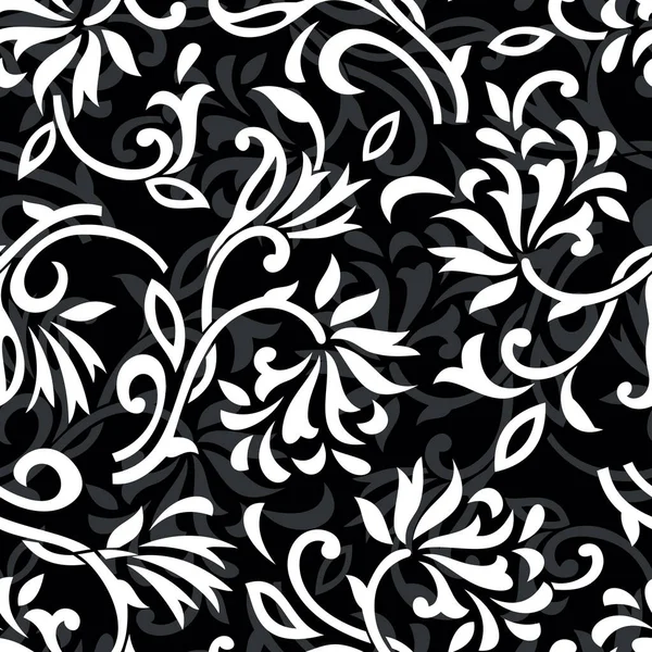 Seamless Black White Swirly Floral Pattern Design — Stock Vector