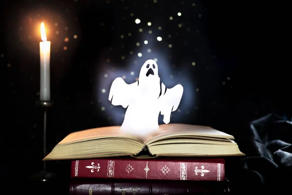 Glowing Shining Ghost Figure Rising Book Magical Still Life Lit Images De Stock Libres De Droits