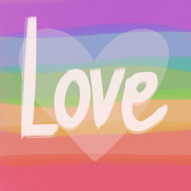 Aşk arkaplanı, gökkuşağı LGBT duvar kâğıdı, kalp ve süslü yazı tipiyle yazılmış aşk. Gurur illüstrasyonu.