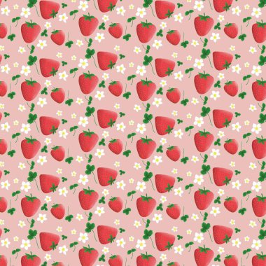 Strawberry fruits and flowers pink pattern. Spring texture with floral and berries handrawn illustrations.