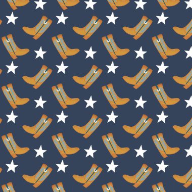 Cowboy boots pattern with dark blue background and white stars texture.