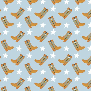 Cowboy boots pattern with light blue background and white stars texture.