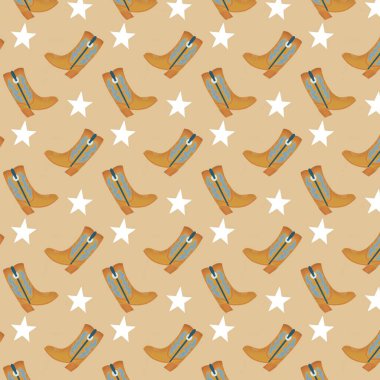 Cowboy boots pattern with beige background and white stars texture.