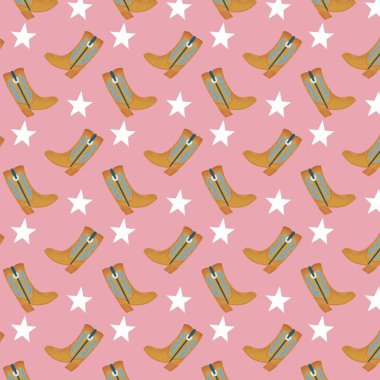 Cowboy boots pattern with pink background and white stars texture.