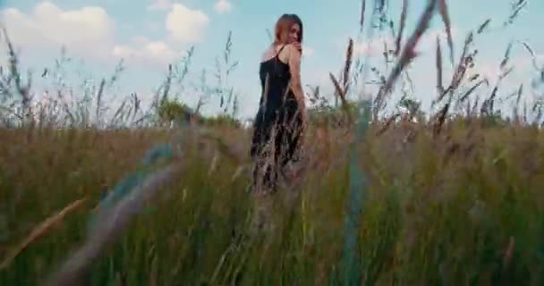 カメラ追いかけてロマンチックな女性 ブロンドモデルで黒長いドレス歩くと草原で夕日の光線 — ストック動画